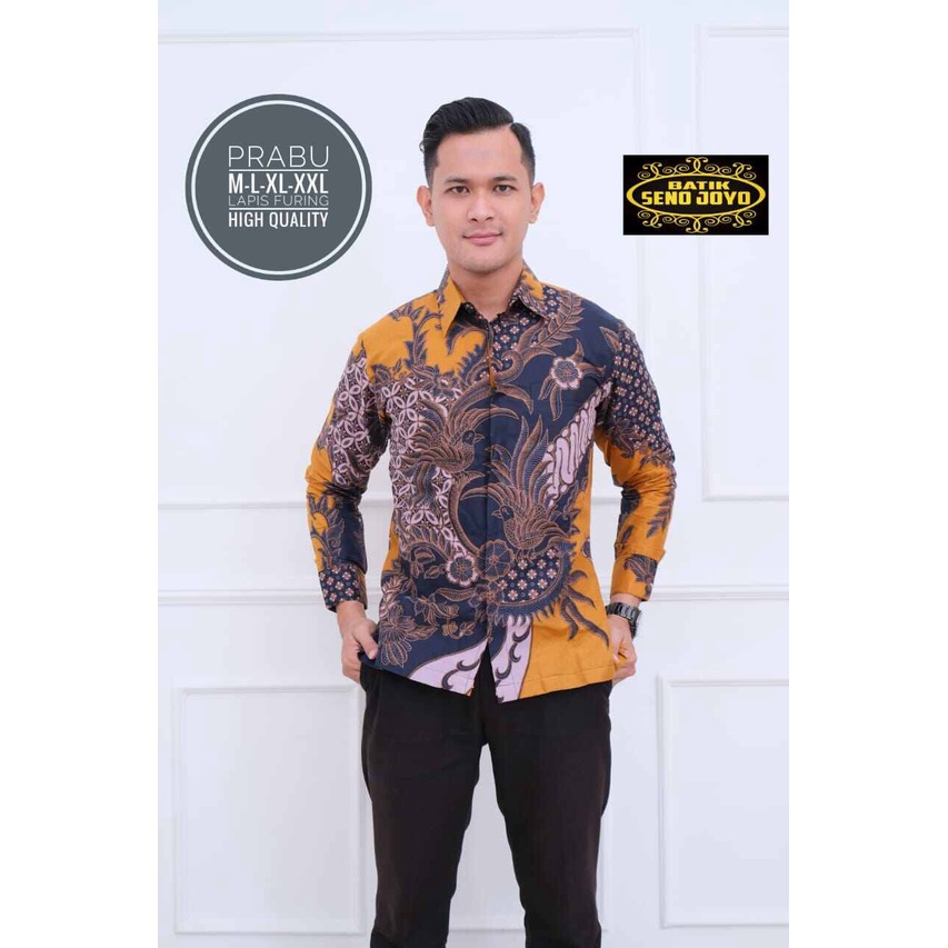 Kemeja batik lengan panjang warna mustard / batik pria terbaru 2022 warna kuning kunyit / batik pria terbaru bahan katun halus sragenan lapis furing / batik lengan panjang PRABUSENO