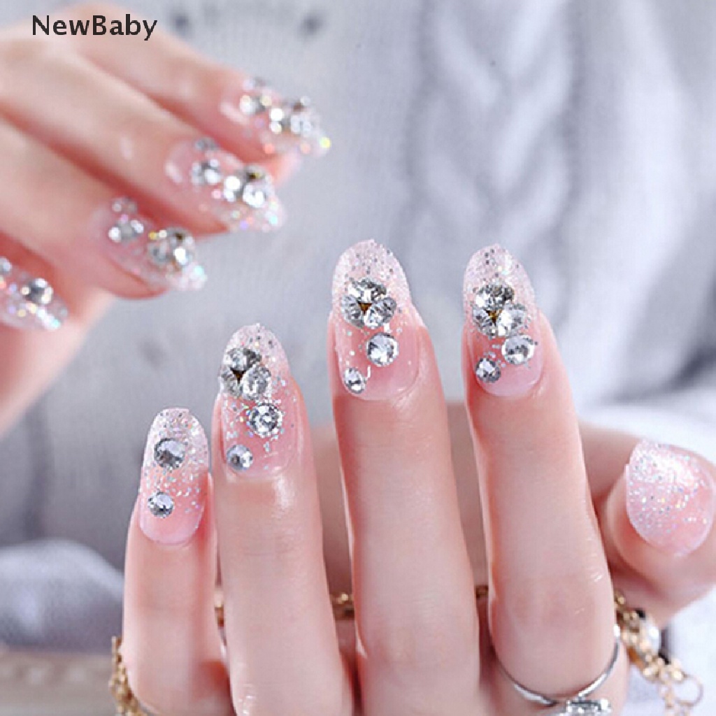 Newbaby 24Pcs / Set Kuku Palsu 3D Aksen Berlian Imitasi pink Transparan Untuk Nail Art / Manicure