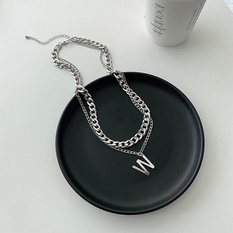 Kalung Rantai Klavikula Ganda Desain Huruf W Gaya Hip Hop