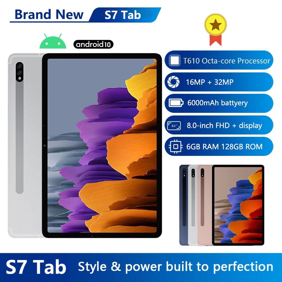 Tablet Android Asli Baru S7 TabTablet Pintar Asli 6GB + 128GB Android Tablet Pembelajaran Kartu Ganda