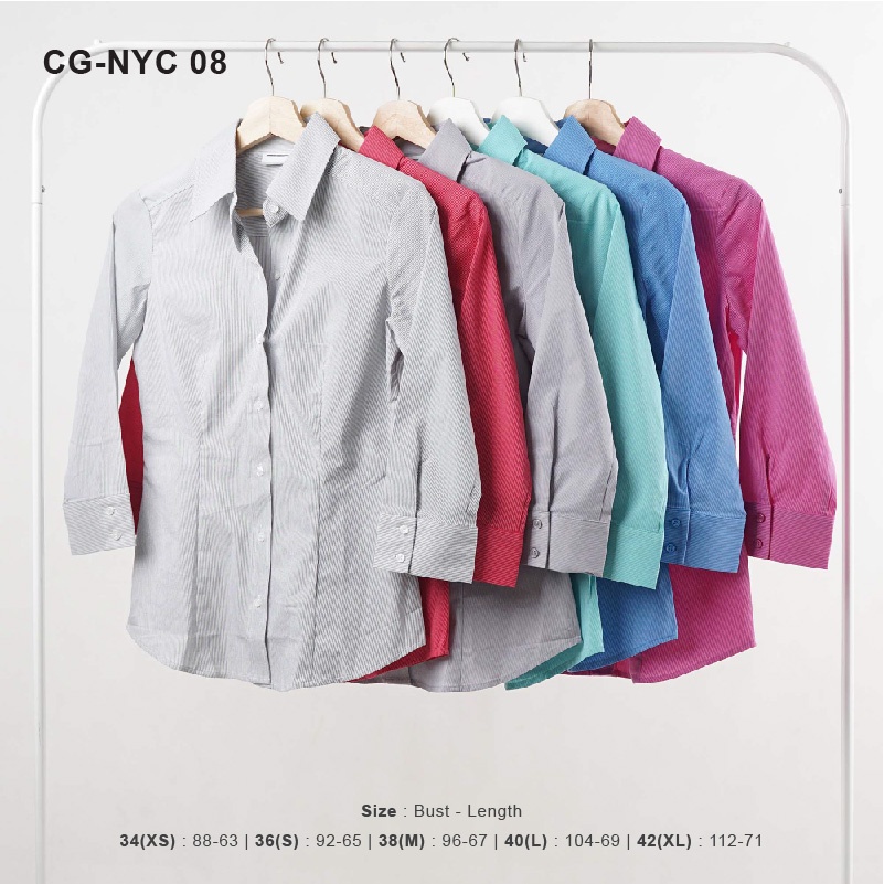 Kemeja Wanita Formal Full Kancing Lengan 7/8 Motif Stripe Katun Twill Stretch-8