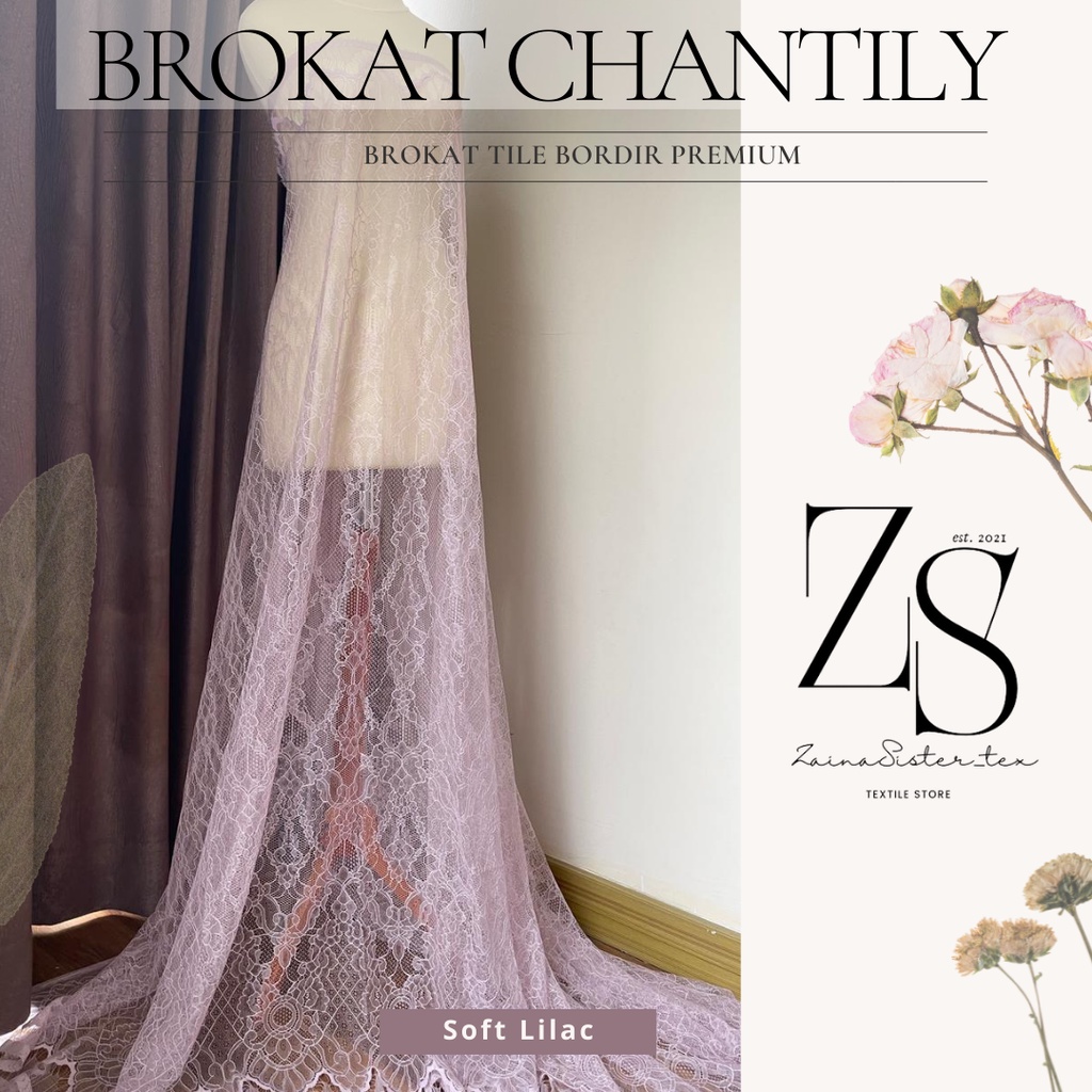 Bahan Kebaya Brokat Lace Chantily Panel Semi Prancis Warna Ungu Soft Lilac Muda