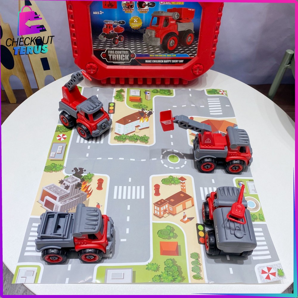 CT M185 Mainan Mobil Mobilan Set Mobil Pemadam Kebakaran dan Mobil Tentara Mainan Edukasi DIY Set dengan Koper Anak
