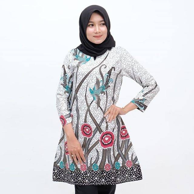 BATIK WANITA DRESS TUNIK PANDAN PUTIH HARGA TERMURAH