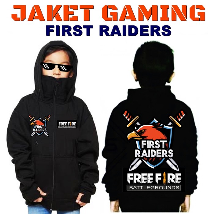jaket ninja freefire anak usia 8-12 tahun hoodie masker anak - GARUDA HITAM, L