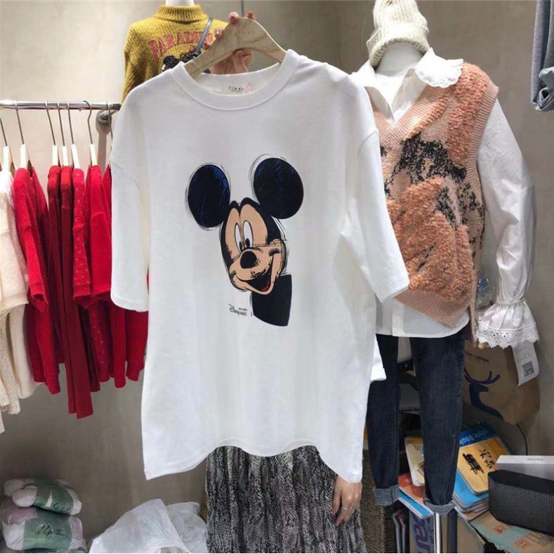 T-shirt Wanita Longgar Ukuran Besar Kaos Lengan Pendek Motif Katun Disney Kaos Fashion Premium