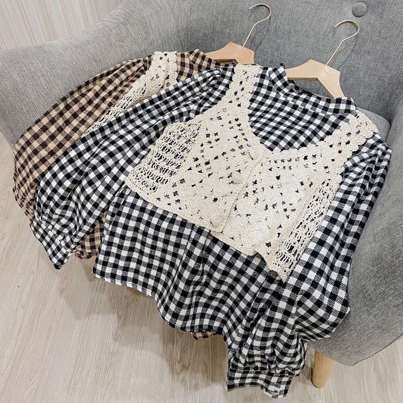 KEMEJA BLOUSE KOTAK KOTAK + VEST RAJUT IMPORT