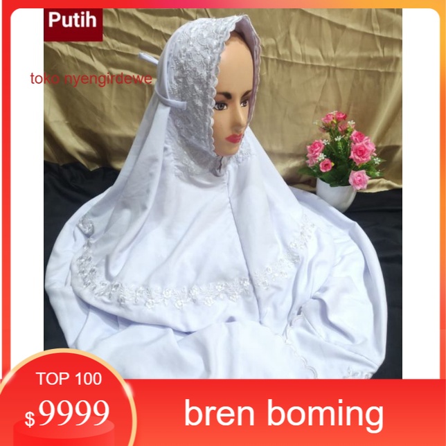 Mukena Polino Dewasa Terusan Lajuran warna putih Motif Bordir Warna Putih