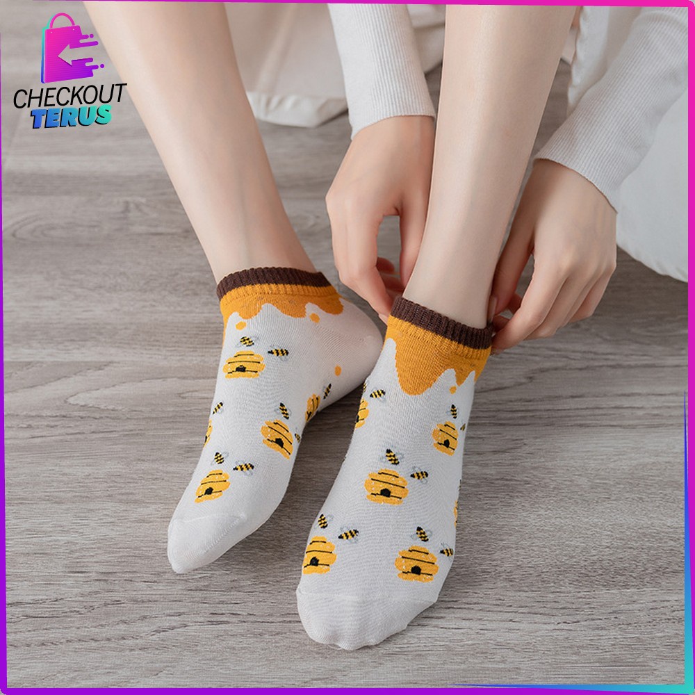 CT P188 Kaus Kaki Semata Kaki Wanita Dewasa Motif Kuning Lebah Gaya Korea Kaos Kaki Pendek Wanita Fashion