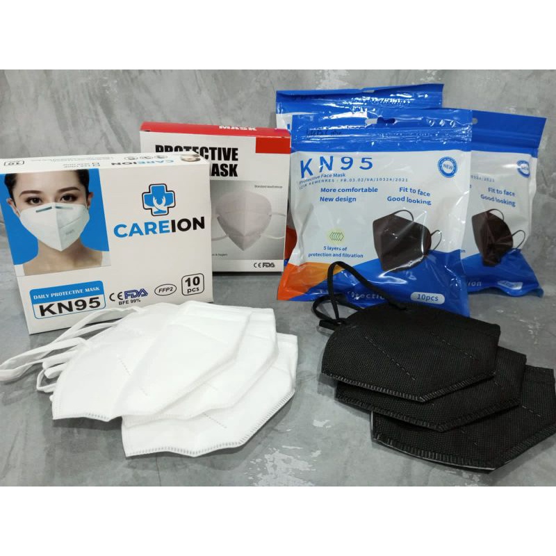 READY STOK MASKER KN KN95 MURAH PROMO KN CAREION KN PROTECTIVE ATAU KN YNB CARE HITAM PUTIH SEMUANYA 5 PLY ISI 10 PER PACK