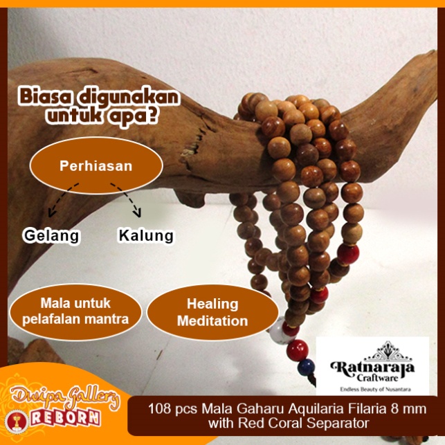 Tasbih / Mala Buddha 108 Kayu Gaharu Merauke 8mm with Red Coral