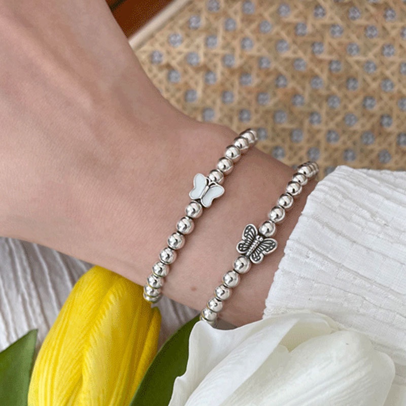 3pcs / Set Gelang Manik-Manik Butterfly Hati Bulat Bahan Metal Warna Silver Untuk Wanita