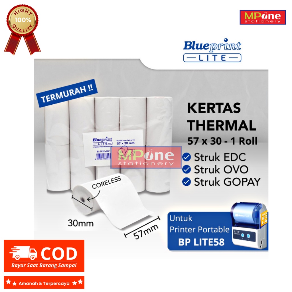 

(1 Roll) Kertas Thermal Murah / Kertas Thermal Blueprint Ukuran 57 X 30 mm / Kertas Struk Roll