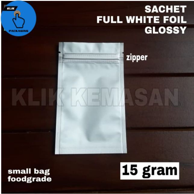 SACHET WHITE FOIL 15 GRAM WITH ZIPPER GLOSSY