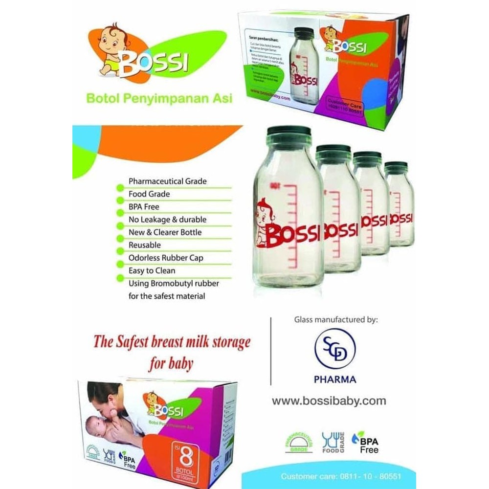 BOSSI Botol Asi Kaca 100 ml Isi 8pcs Botol Penyimpanan ASI