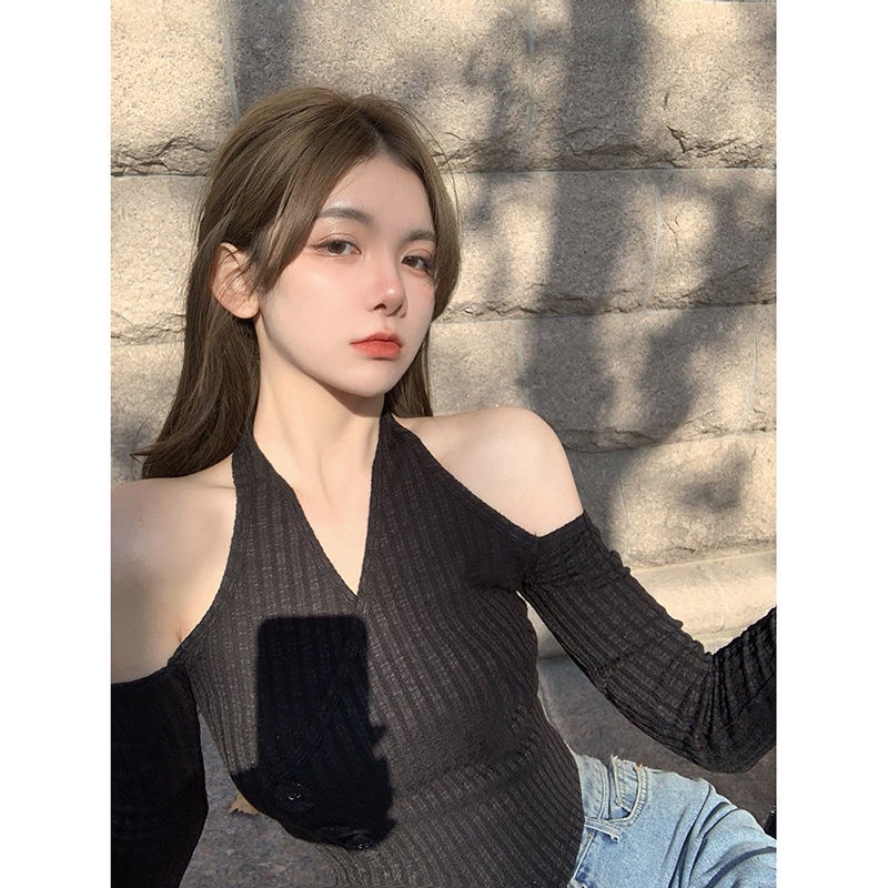 impor kemeja wanita bottoming halter neck sweater off-shoulder atasan tidak beraturan sweater V-neck