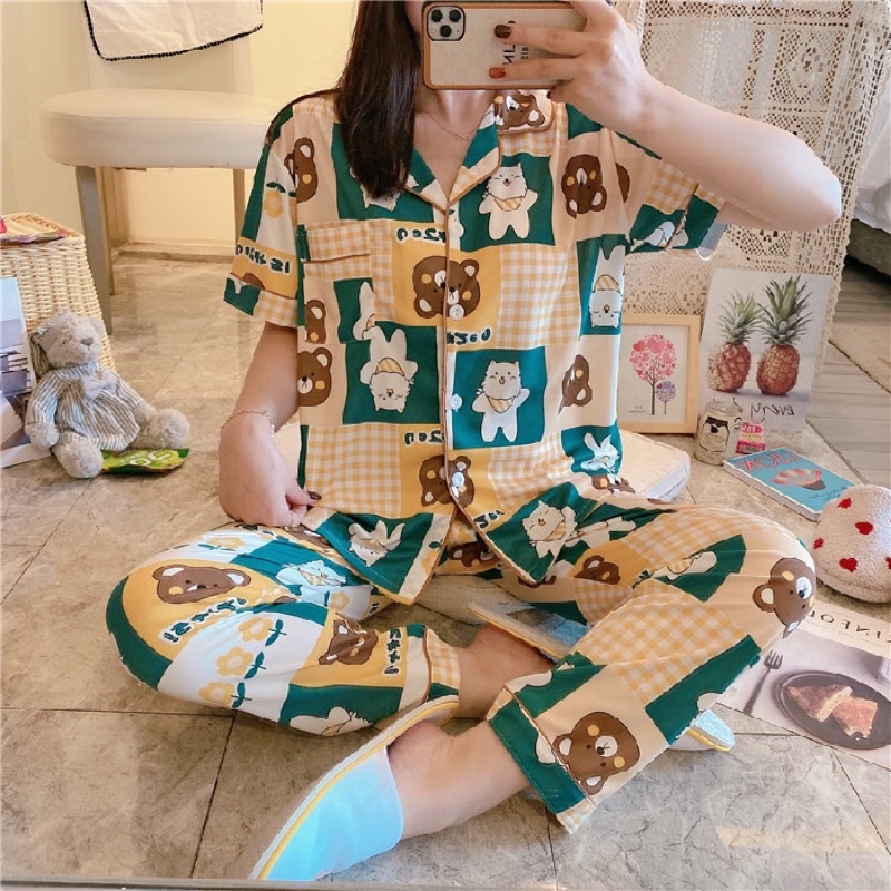 JC Piyama Set CP import / Piyama wanita CP / Piyama wanita Import murah-Bear&Cat ConyGreenCP