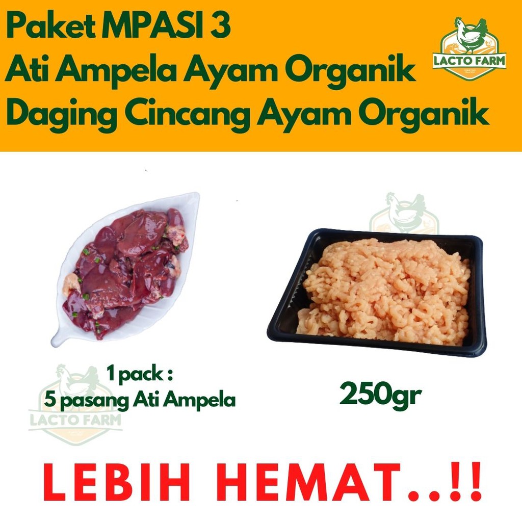 

Paket TERLARIS MPASI 3 : Hati Ampela Ayam Organik Probiotik (5 pasang) + Daging Dada Cincang Ayam Lacto (250gr) | Ayam MPASI | Ayam Sehat | Ayam Anti Alergi | Daging Ayam MPASI