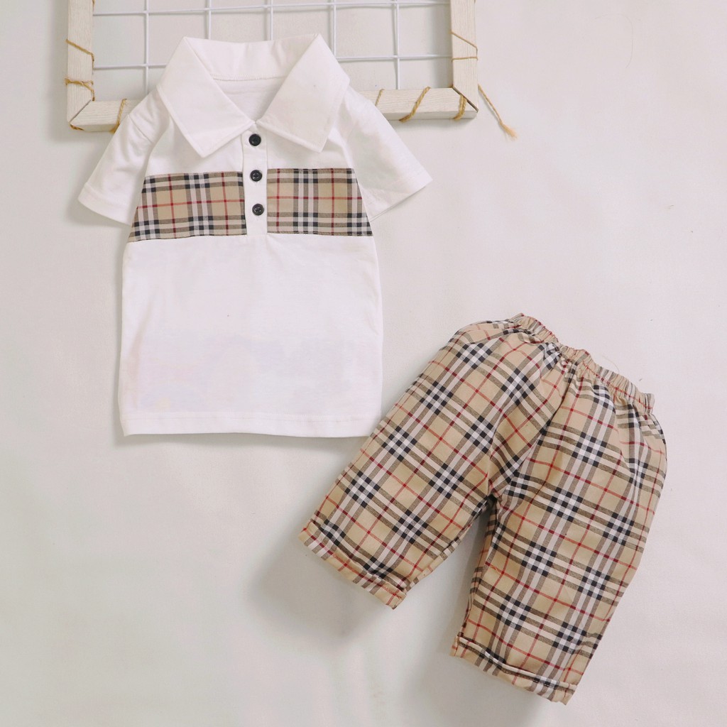 Nuna Store Setelan Kemeja bayi dan anak cowo/laki-laki usia 0 Bulan - 3 tahun Motif Kemeja Burberry