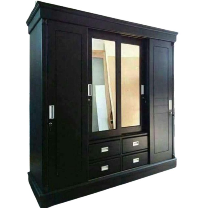 LEMARI PAKAIAN MINIMALIS 4 PINTU SLIDING GESER BAHAN KAYU JATI / LEMARI BAJU JATI PINTU 4 SLIDING