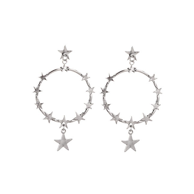 LRC Anting Tusuk Fashion Silver Alloy Five-pointed Star Circle Earrings F46836