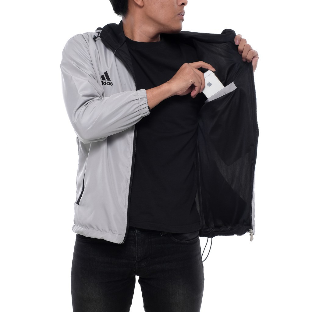 Jaket Running Adidas / Jaket Parasut Outdoor Tracker F50 Abu Strip Hitam