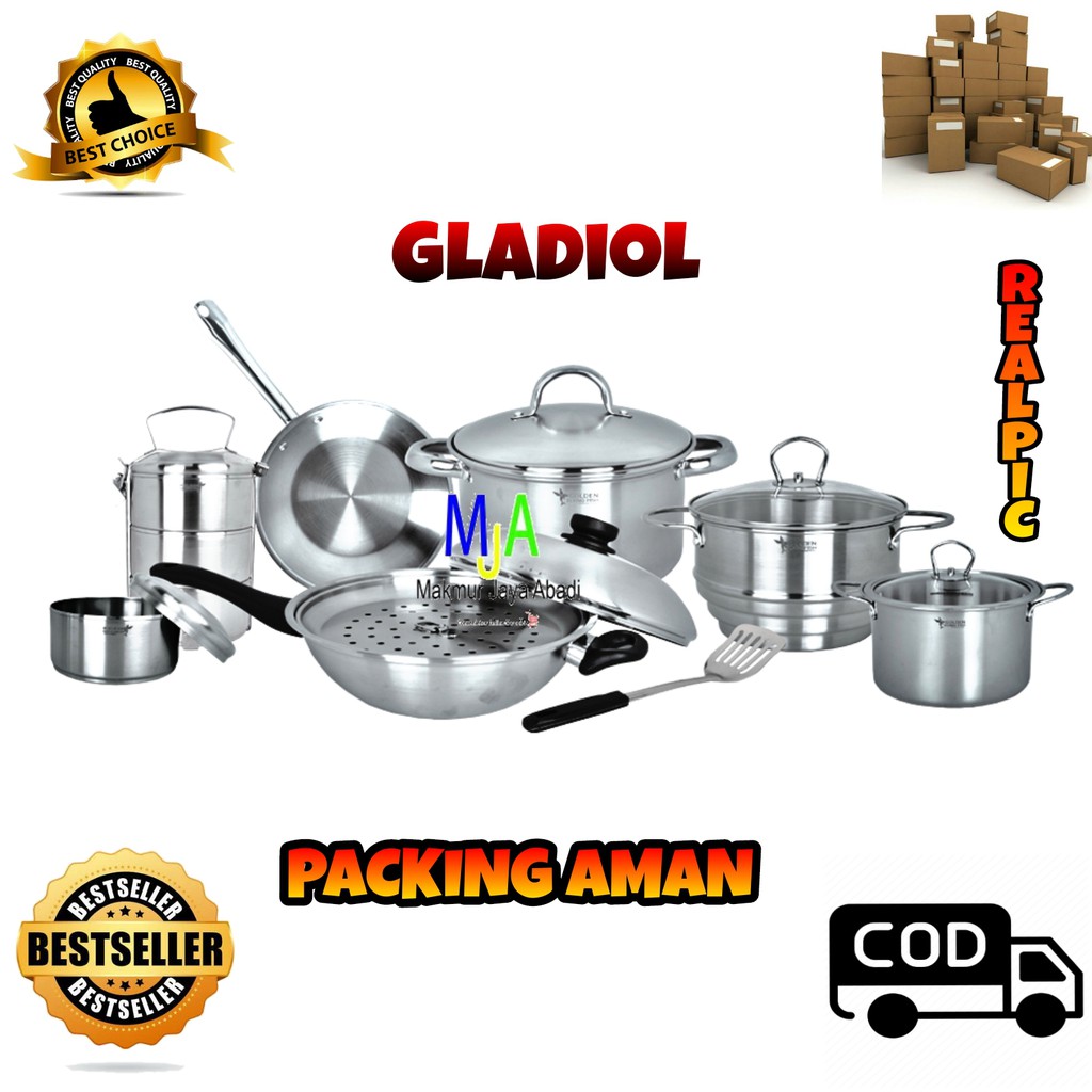 (BISA COD) PROMO Panci Set Golden Flying Fish Cookware Set Gladiol 15pcs STAINLESS STEEL Premium