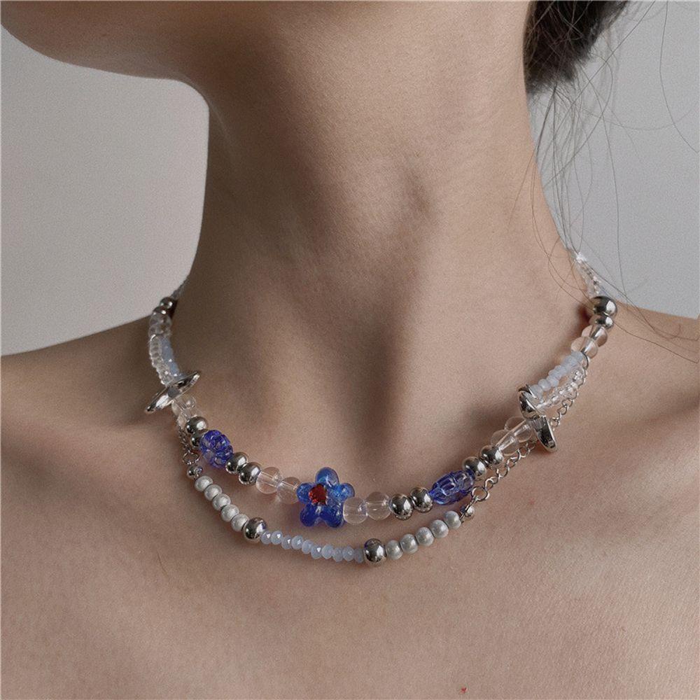 Mxbeauty Kalung Wanita Untuk Anak Perempuan Vintage Biru Liontin Manik-Manik Double Layer Leher Perhiasan