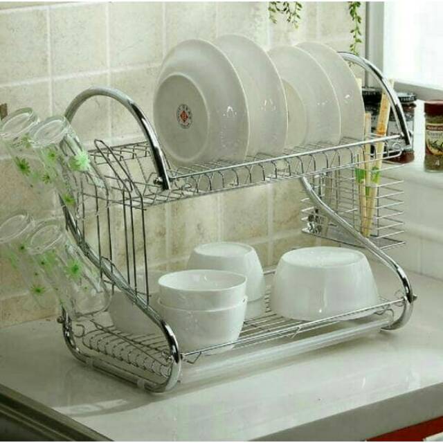 Rak Tirisan Piring Susun Stainless Steel - Dish Drainer 2 Tier Mangkuk Cangkir Mug Gelas Sendok