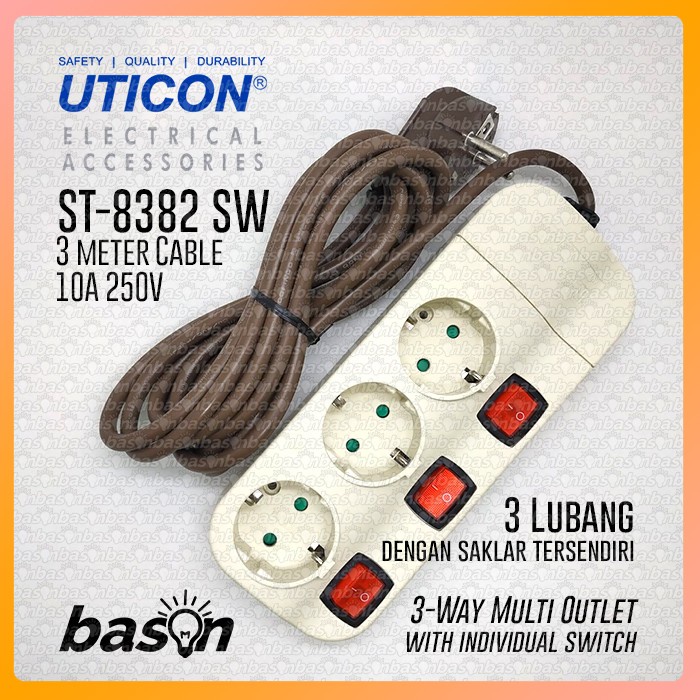 UTICON ST8382SW + 3 Lubang + Kabel 3 Meter - Stop Kontak + Saklar Individual