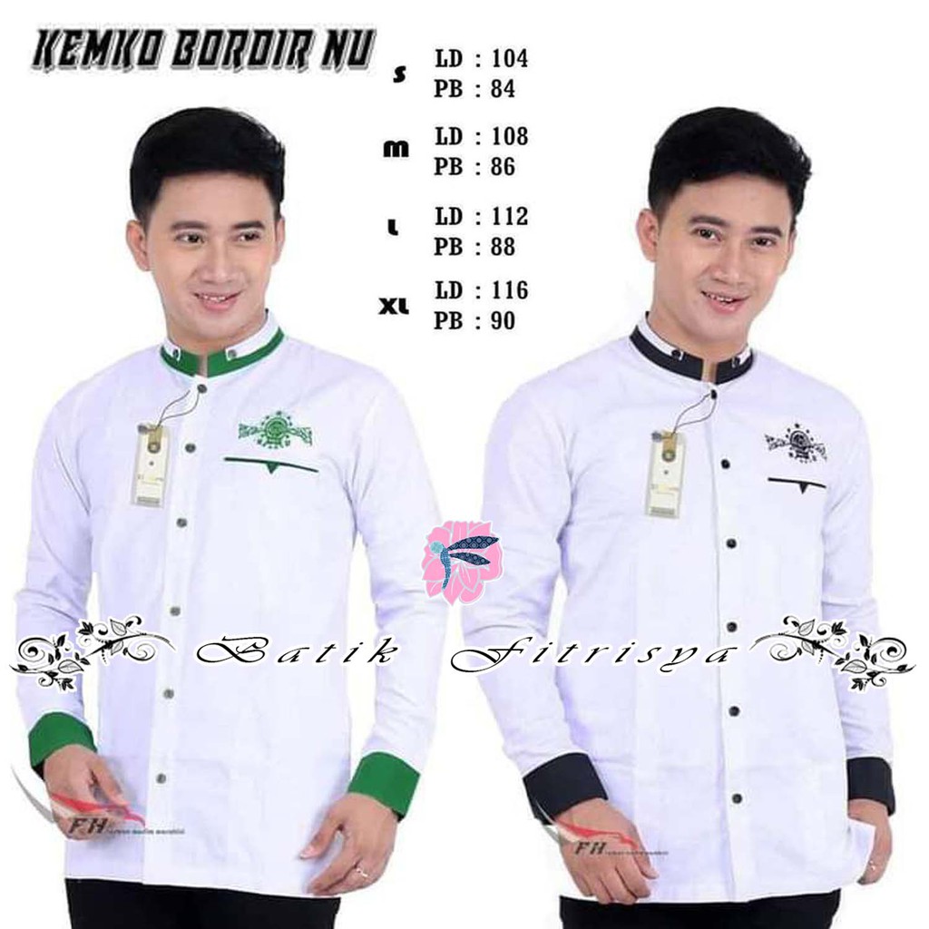 KEMEJA KOKO NU BORDIR LENGAN PANJANG KOMBINASI BATIK MOTIF TERBARU WARNA PUTIH