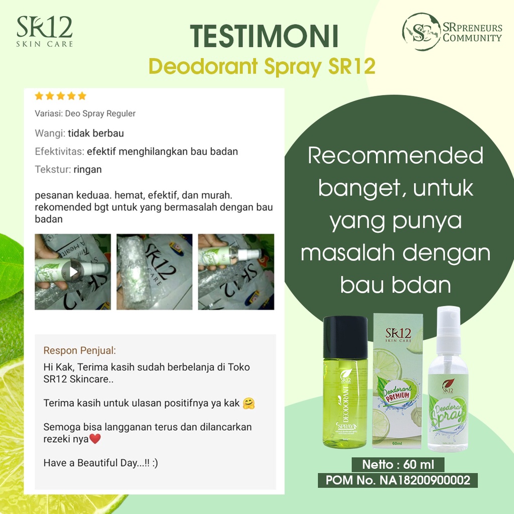 DEODORANT SPRAY PREMIUM SR12 60 ML / TAWAS CAIR / PENGHILANG BAU BADAN / ANTI BAKTERI