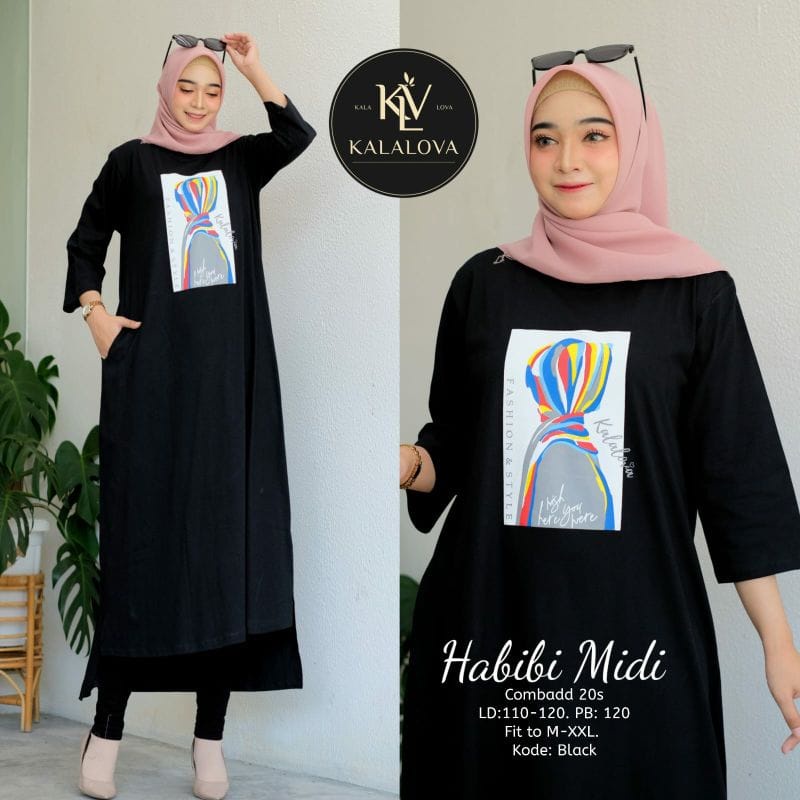 Habibi Midi Dress Muslim Baju Wanita Gamis Midi Kekinian Long Dress Jumbo Fashion Wanita Casual Dress