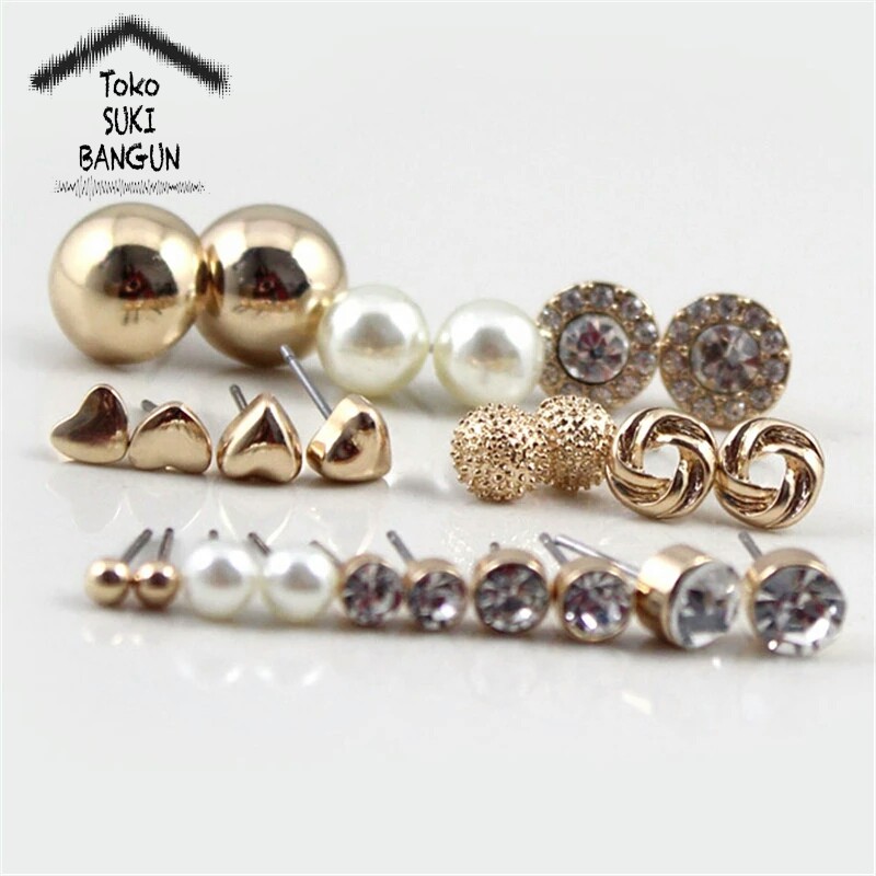 ER-006 Earring Set Women Fashion Anting Wanita Pearl Rhinestone