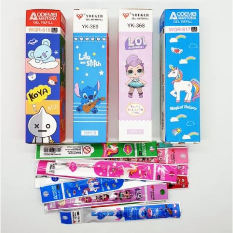 

20 Pcs Refill Pulpen Gel Karakter Isi Pulpen Gel Stationery Lucu Unik