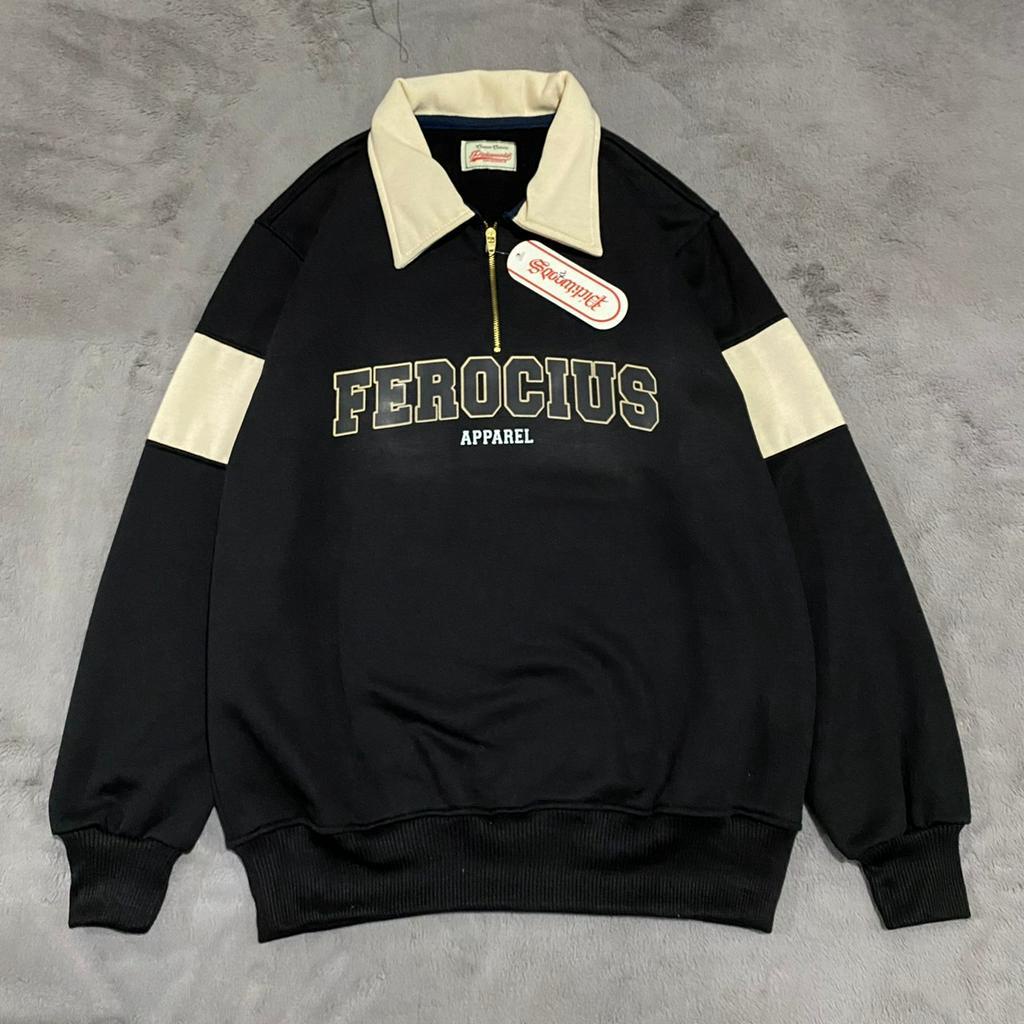 Jaket Sweater Rugby Kombinasi Motif Ferocious  / Warna Simple Cotton Fleece Premium Distro Size M-XXL Warna Hitam &amp; Beige Original