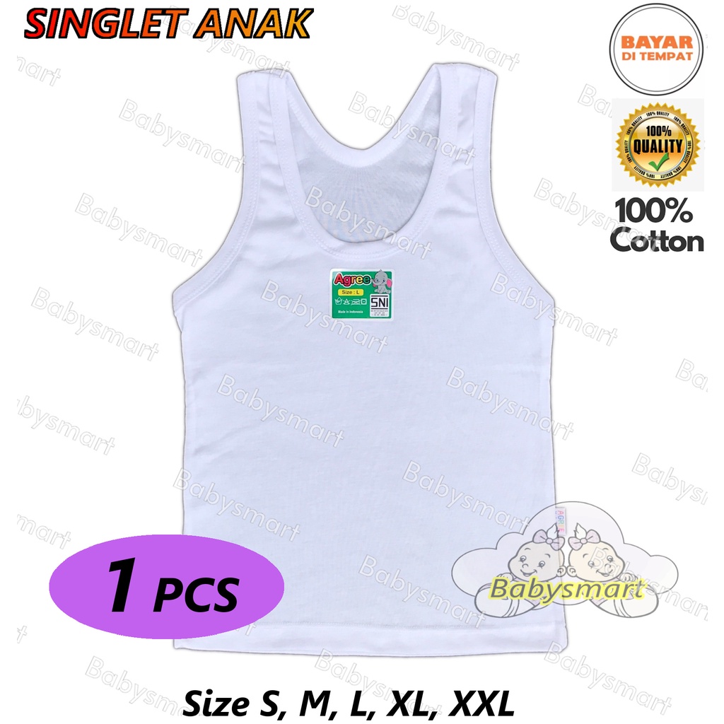 Babysmart - 1 PCS Kaos Dalam / Singlet Anak Putih AGREE KIDS 100% Katun usia 0 - 12 tahun Size S, M, L, XL, XXL