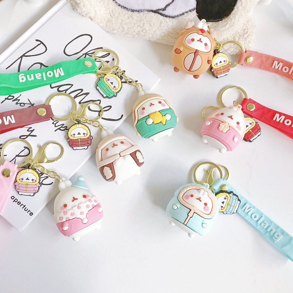 Needway  Fashion Jewelry PVC Key Ring Rubber Bag Molang Rabbit Keychains Women Lovers New Cute Car Charm Cartoon Pendant/Multicolor