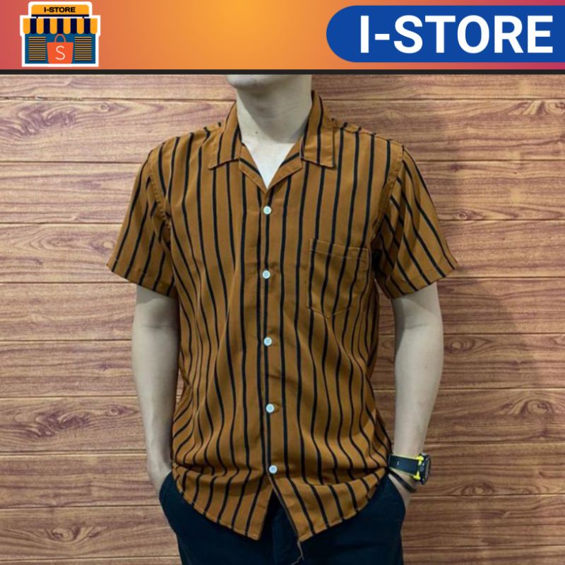 RIVIERA CLOTHING KEMEJA STRIPE PRIA LENGAN PENDEK KEMEJA SALUR PRIA KEMEJA CASUAL PRIA