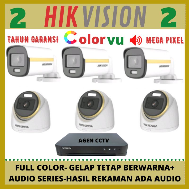 PAKET CCTV HIKVISION COLORVU 2MP 8 CHANNEL 6 KAMERA AUDIO FULL COLOR