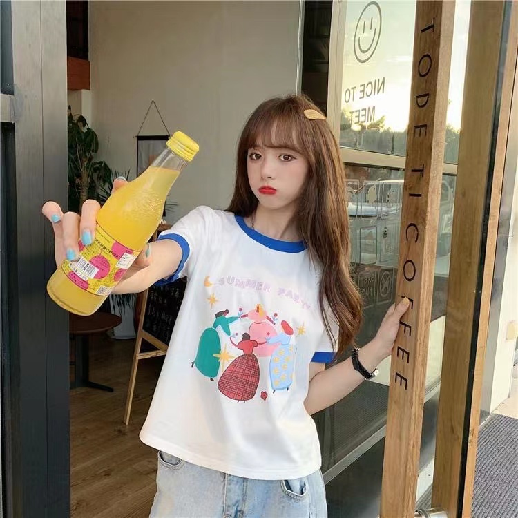 yikoo-Kaos wanita korea t shirt colorblock gaya atasan print katun