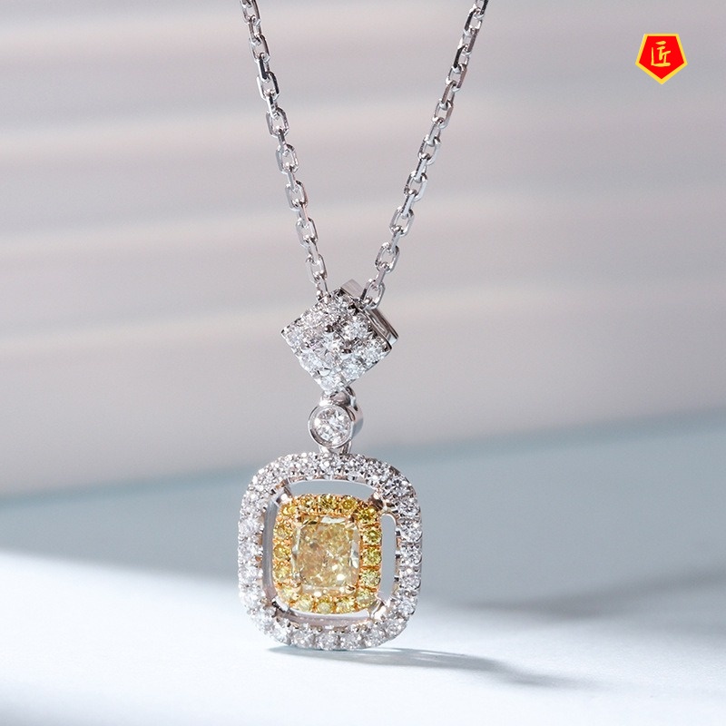 [Ready Stock]Square Pillow-Shaped Yellow Diamond Necklace European and American Luxury Fashion Temperament