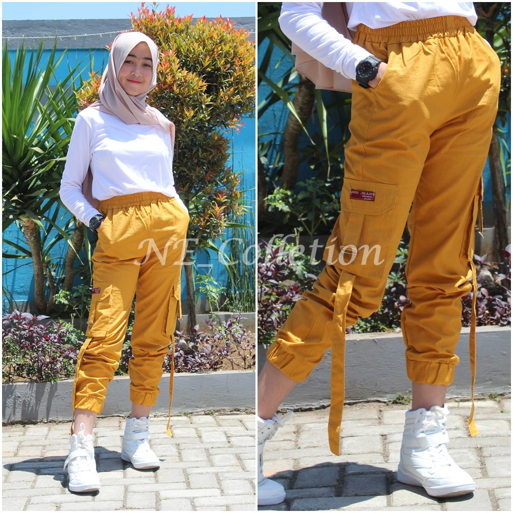 Celana Jogger Tactical Celana Cargo Slim Fit Wanita Zailna Skirt Warna Kuning