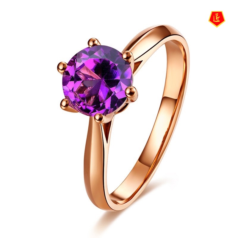 [Ready Stock]Rose Gold Garnet Colored Gems Classic Six-Claw Ring Fashion Simple Amethyst