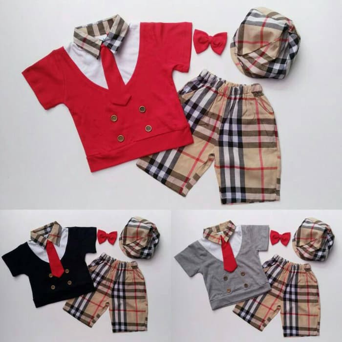 Promo Baju Setelan Anak Bayi Laki Cowok - Burberry Coklat Golf Dasi Topi Pet Fashion Anak - Pakaian