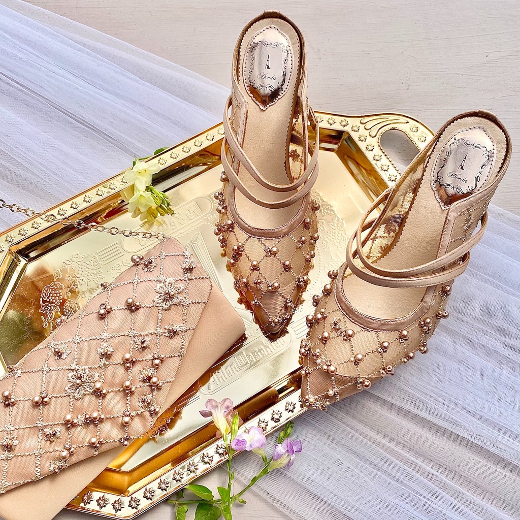 Matching Set Nude Mocha Slip-on Sepatu Wanita Block Heels 8cm & Tas Pesta Clutch AVEDA JA6409 size 4