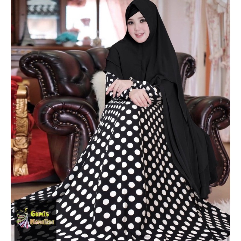 COD Gamis Monalisa Foto Asli Polkadot Hitam Wolfis Wolvis Lebar Payung 4 Meter Umbrella Cantik XL