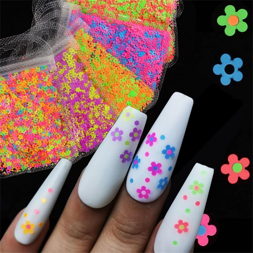 Top Neon Kuku Glitter Kuku Glitter Serpihan Manicure Decor DIY Seni Bersinar Warna Mixing Nail Art Aksesori Berongga Keluar Glitter Flakes