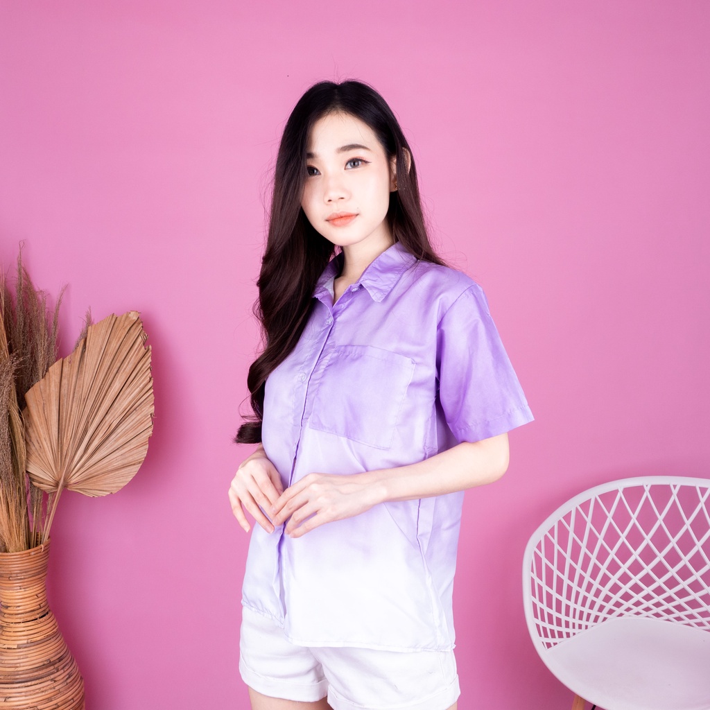 VS - KEMEJA HAWAI POLOS UNISEX KATUN TIE DYE LILAC KEMEJA LENGAN PENDEK