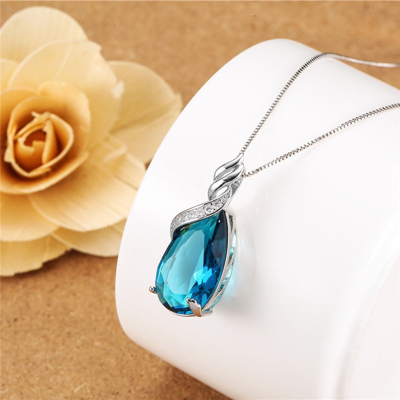 [Ready Stock]Fashion 925 Silver Drop-Shaped Sapphire Blue Crystal Pendant Necklace